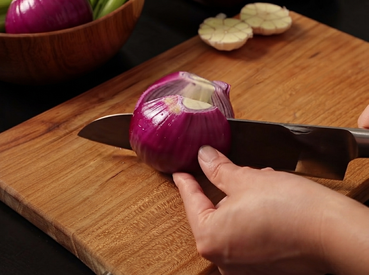 A red onion being sliced on a wooden cutting board with a sharp chefs knife.