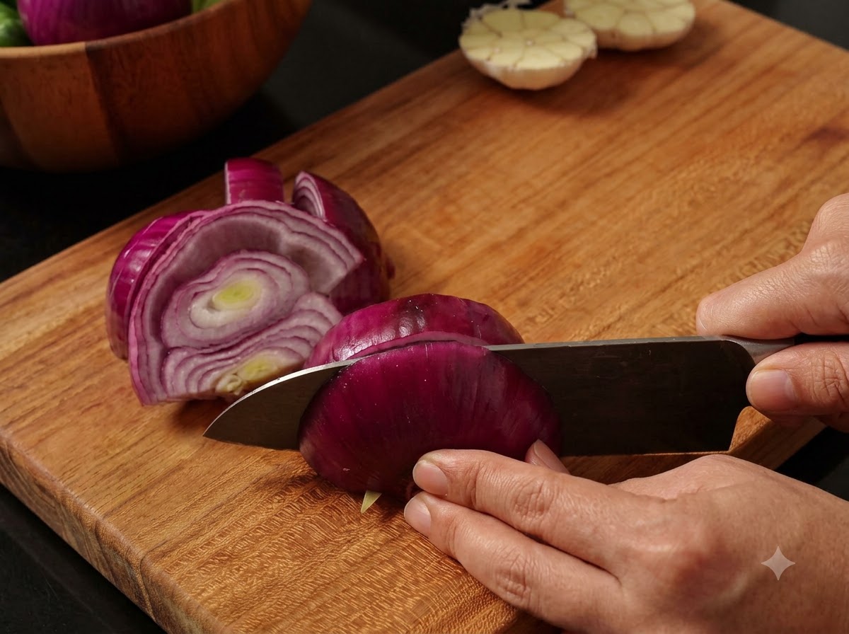 Green scallions being sliced on a wooden cutting board.