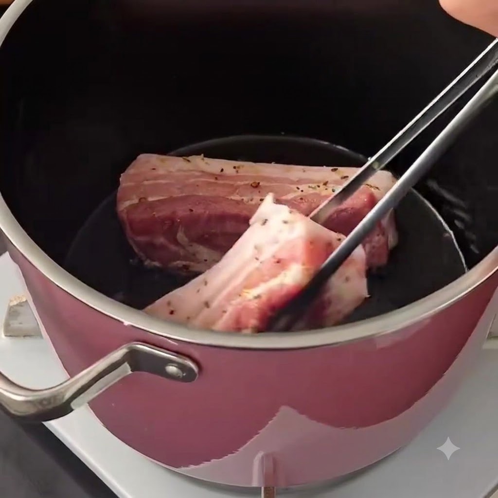 Pork belly strips browning inside a pink pot while being handled with metal tongs.