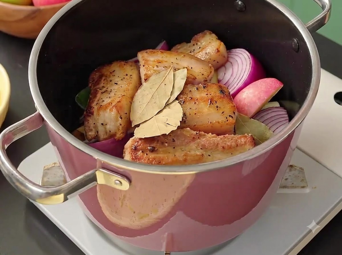 Ginger, garlic, bay leaves, and seasonings added into the cooking pot over meat and vegetables.