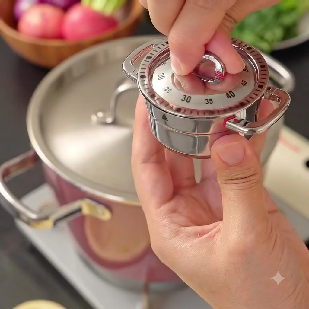 Hands adjusting a mechanical kitchen timer to the 40-minute mark.