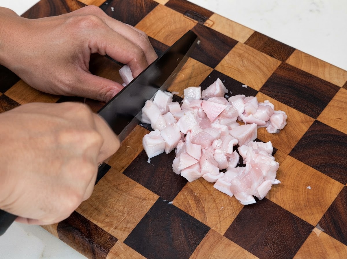 Fatty pork belly pieces being sliced into small cubes with a black knife on a wooden cutting board.