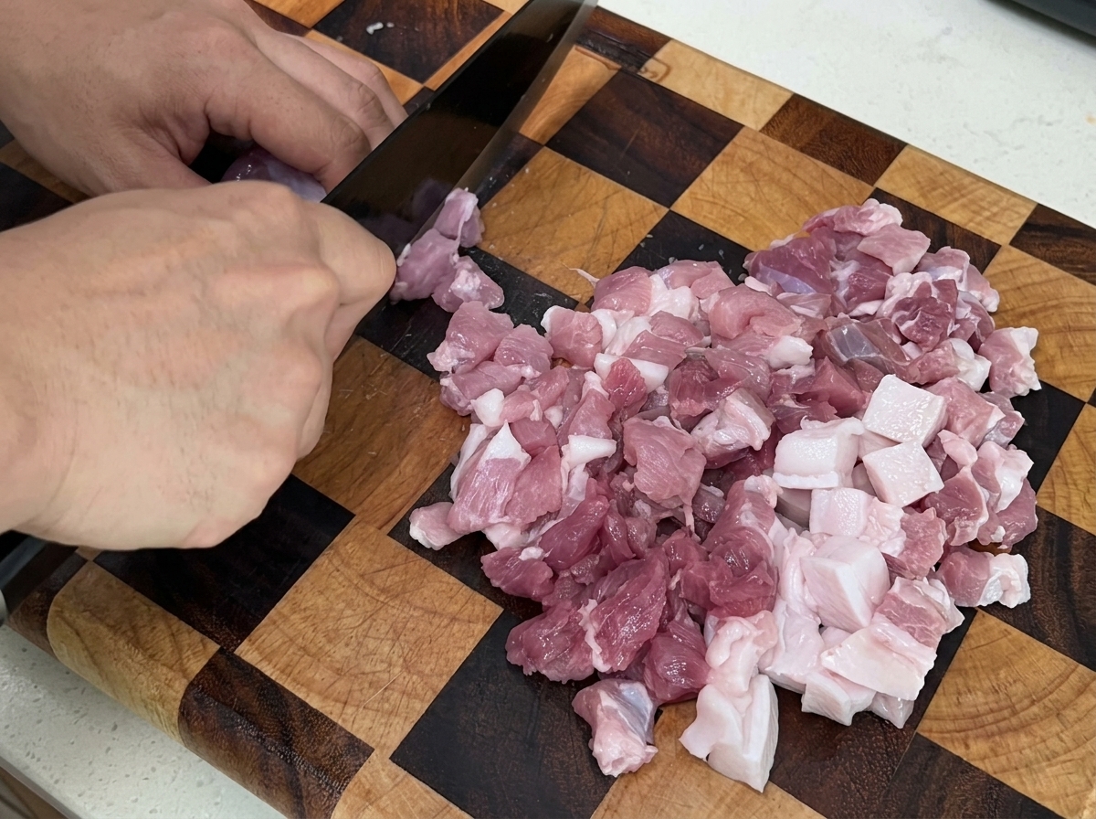 Lean pork belly meat being chopped into small cubes on a wooden cutting board.