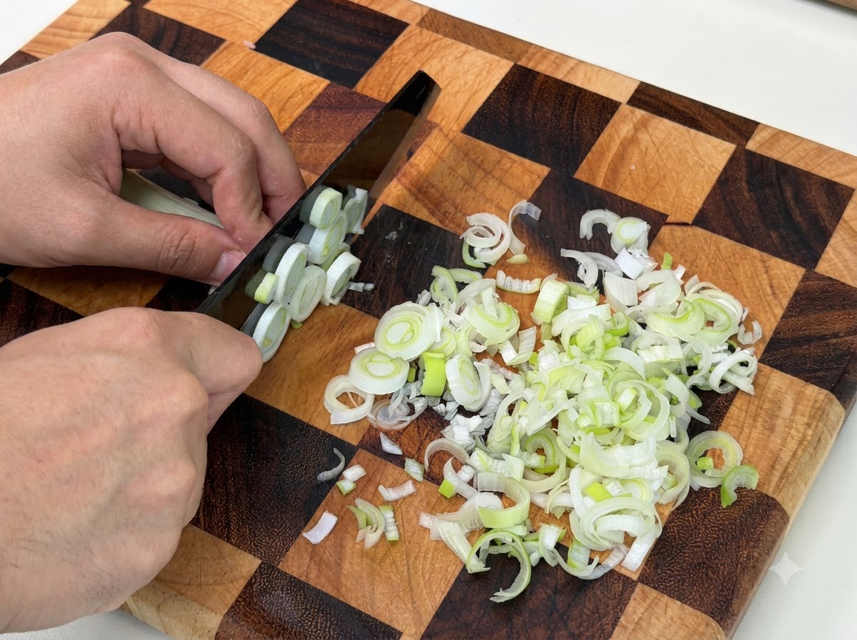 Fresh green scallions being finely sliced on a checkered wooden cutting board.