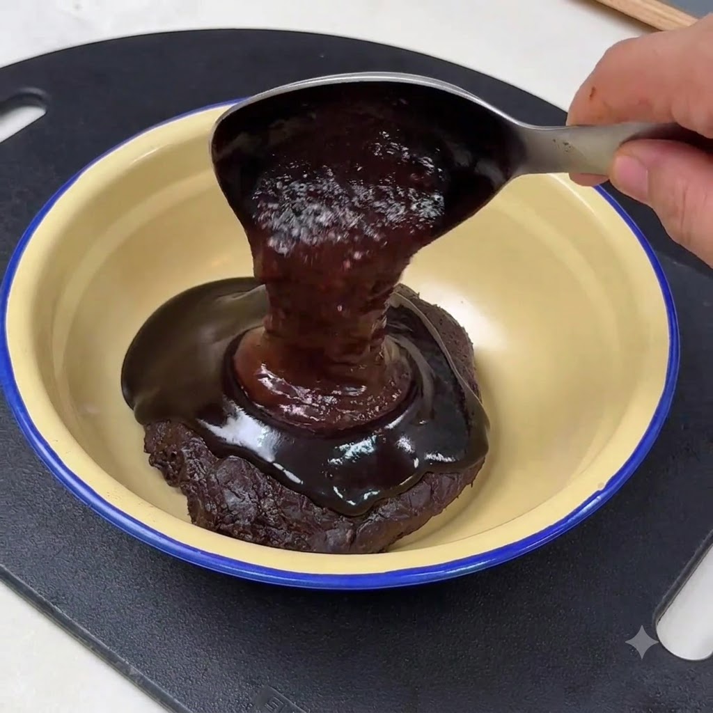Dark sweet bean paste being poured from a spoon into a bowl with yellow soybean paste.