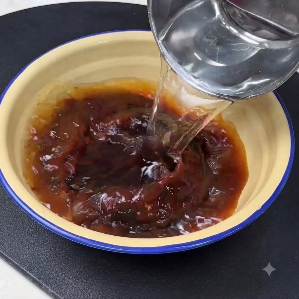 Clear water being poured into a yellow bowl filled with dark soybean paste mixture.