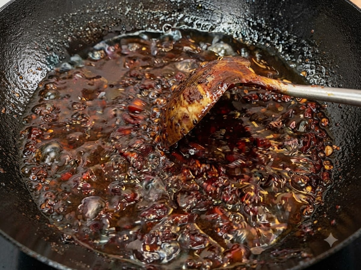 Dark, bubbling meat sauce being stirred with a ladle in a wok until glossy and reduced.