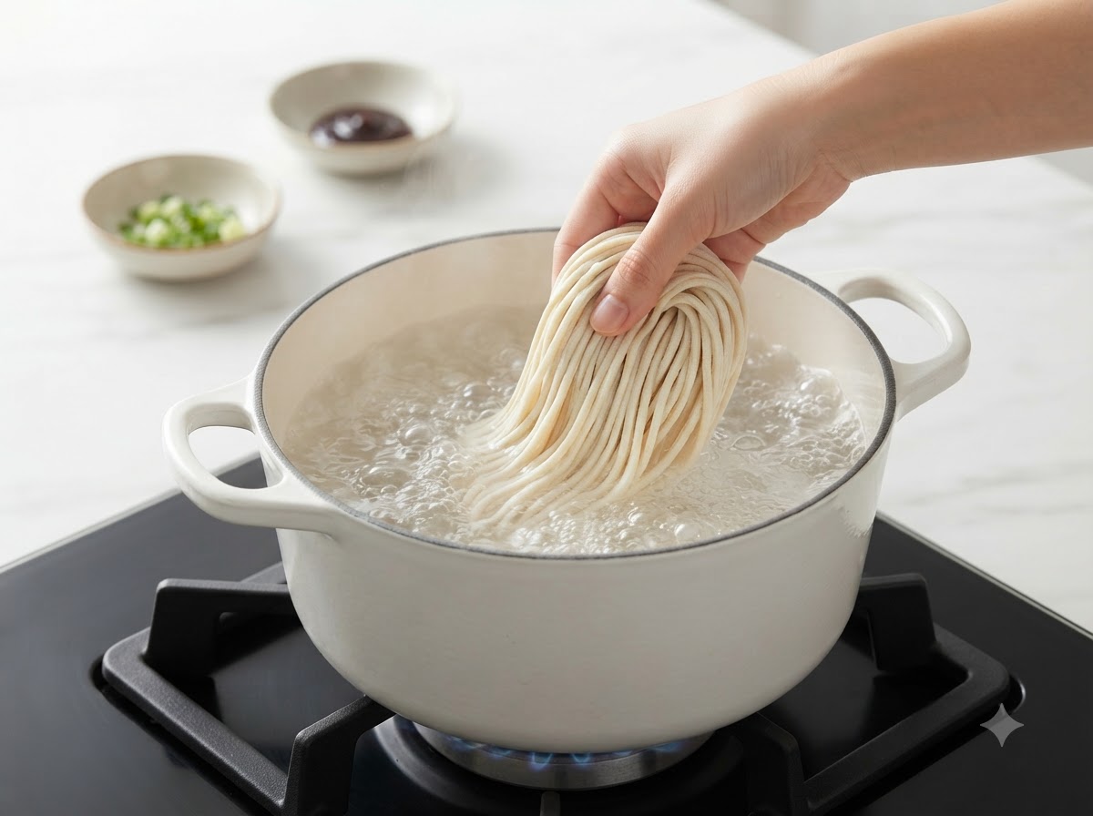 A hand lowering fresh thick handmade noodles into a pot of boiling water on a stove.