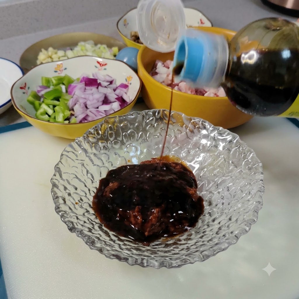 Dark liquid seasoning being poured from a plastic bottle into a glass bowl holding soybean paste.