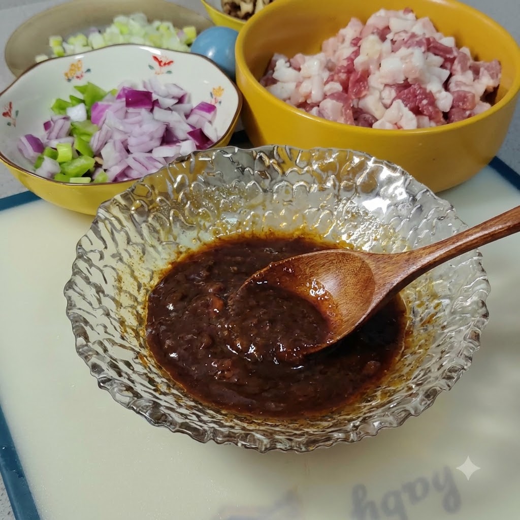 A wooden spoon mixing a thick, dark brown sauce mixture inside a textured glass bowl.