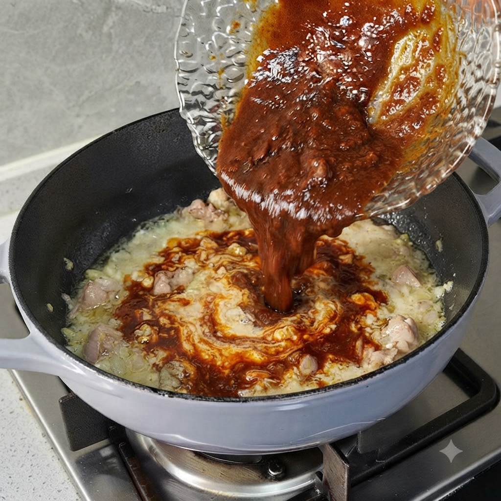 A glass bowl pouring dark, rich brown sauce into a pan containing cooked pork and aromatics.