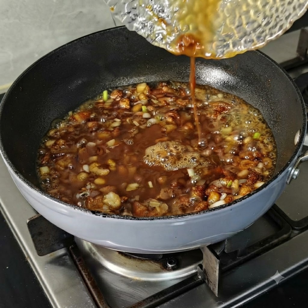 Water being poured from a small clear bowl into a bubbling meat sauce in a skillet.