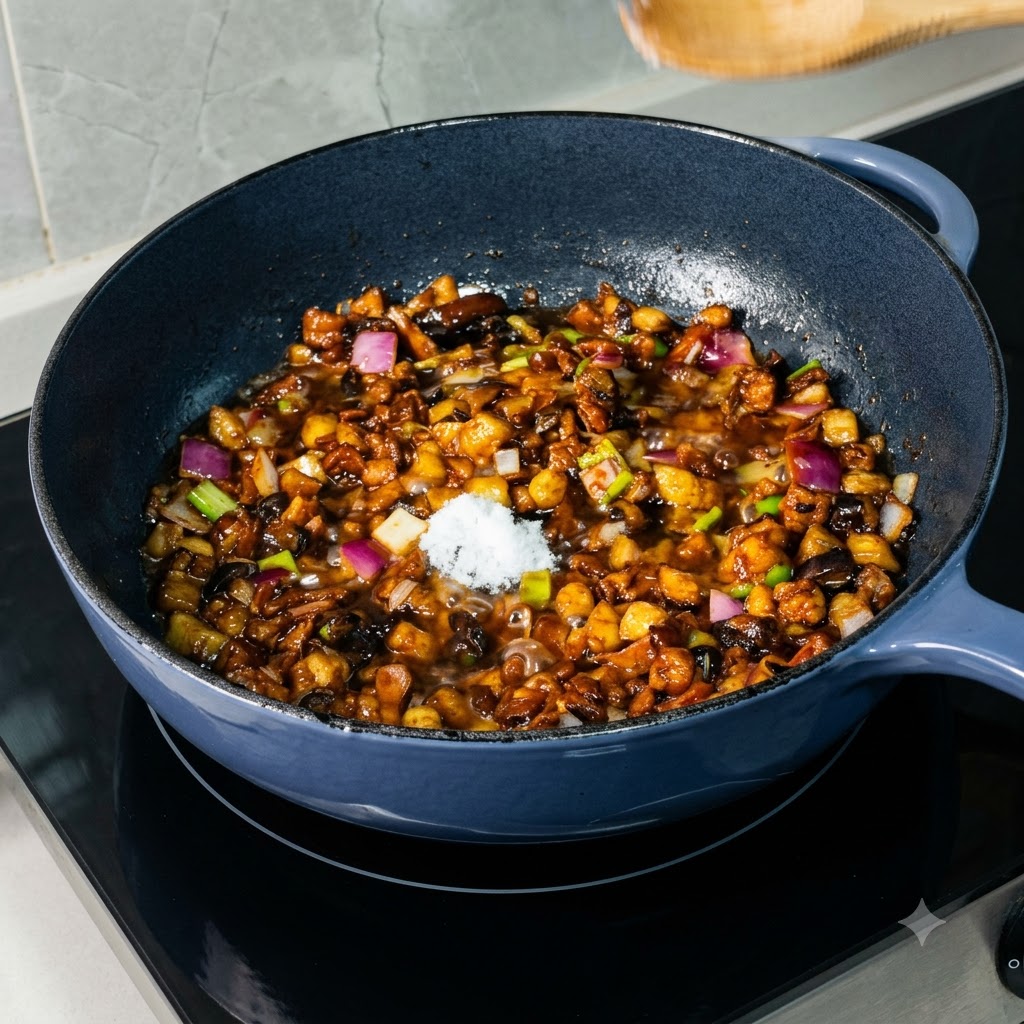 A spoonful of white crystal sugar sitting on top of a simmering dark sauce in a skillet.