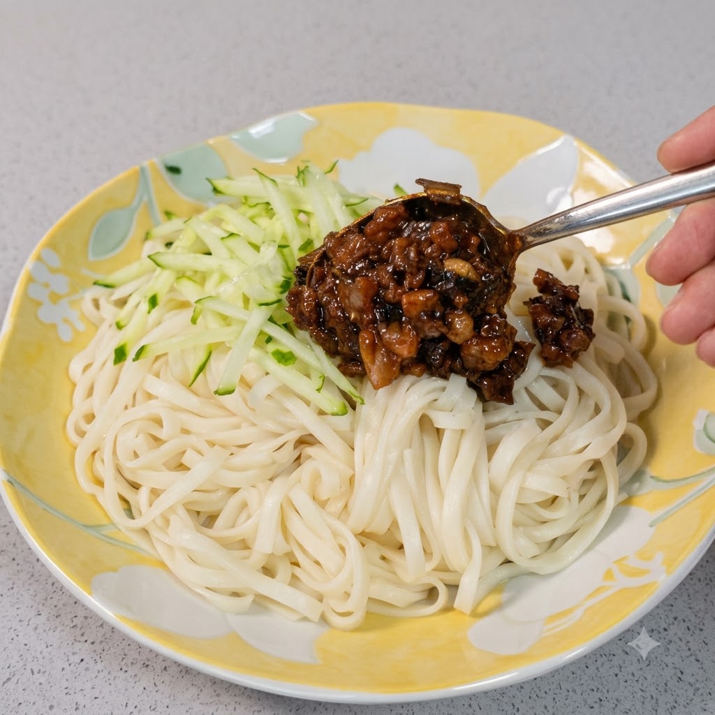 A metal spoon scooping dark, savory fried meat sauce over a plate of noodles and shredded cucumber.