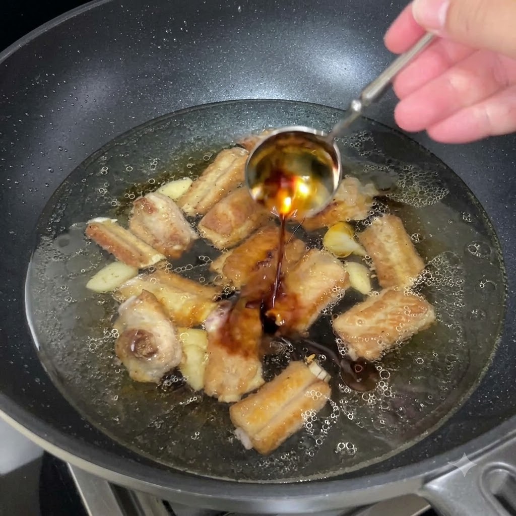 A spoonful of dark aged vinegar being poured into the simmering pan.