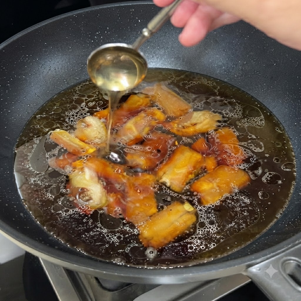 A spoon pouring honey into a wok filled with pork ribs simmering in a dark braising liquid.