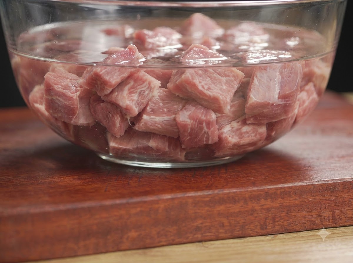 Fresh pork ribs soaking in a clear glass bowl of clean water on a wooden board.
