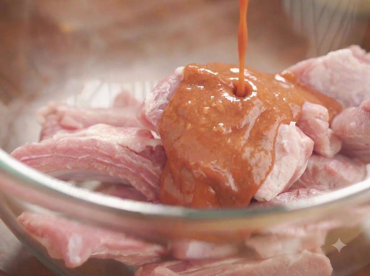 Sauce being poured from a blue container over raw pork rib pieces inside a clear glass bowl.