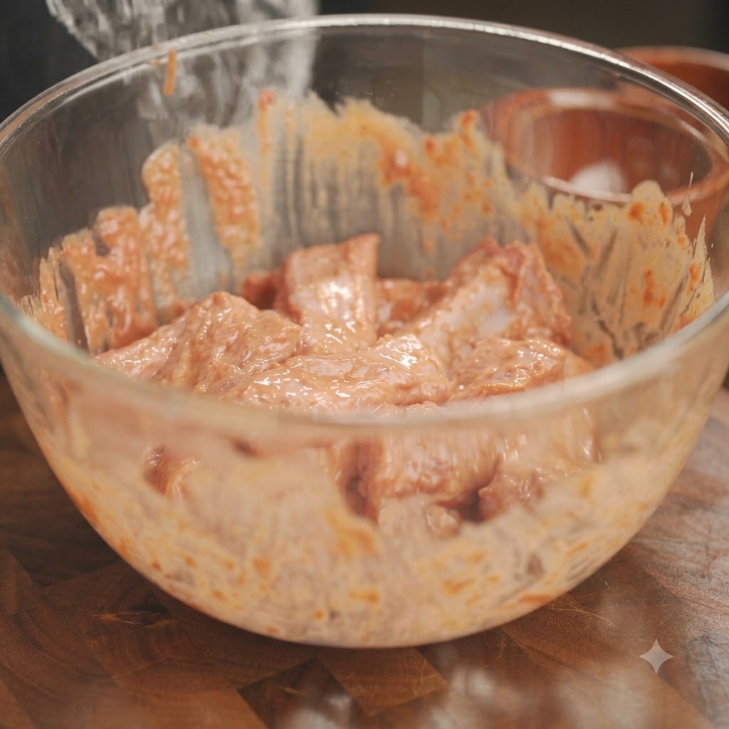 A spoon adding flour and starch mixtures into a glass bowl containing marinated pork ribs.