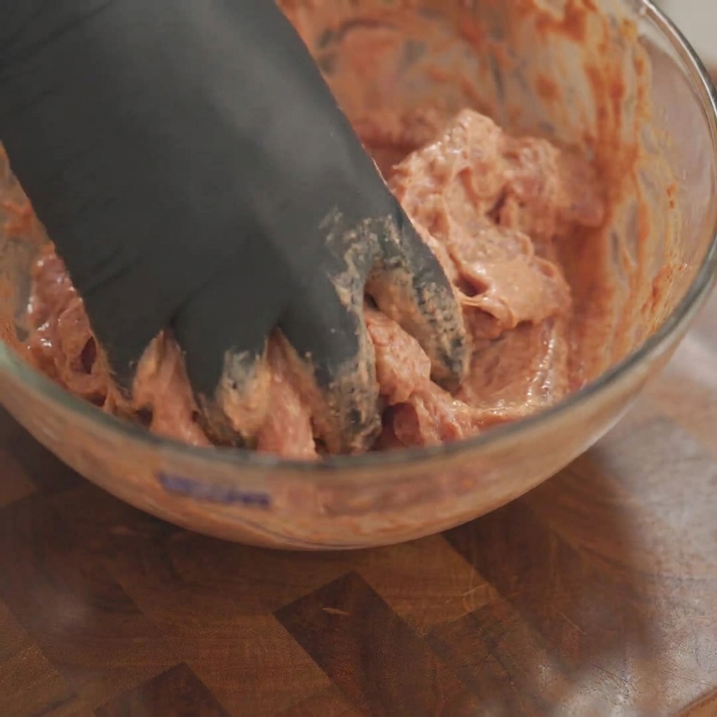 The marinated pork ribs being combined with flour inside a glass bowl.