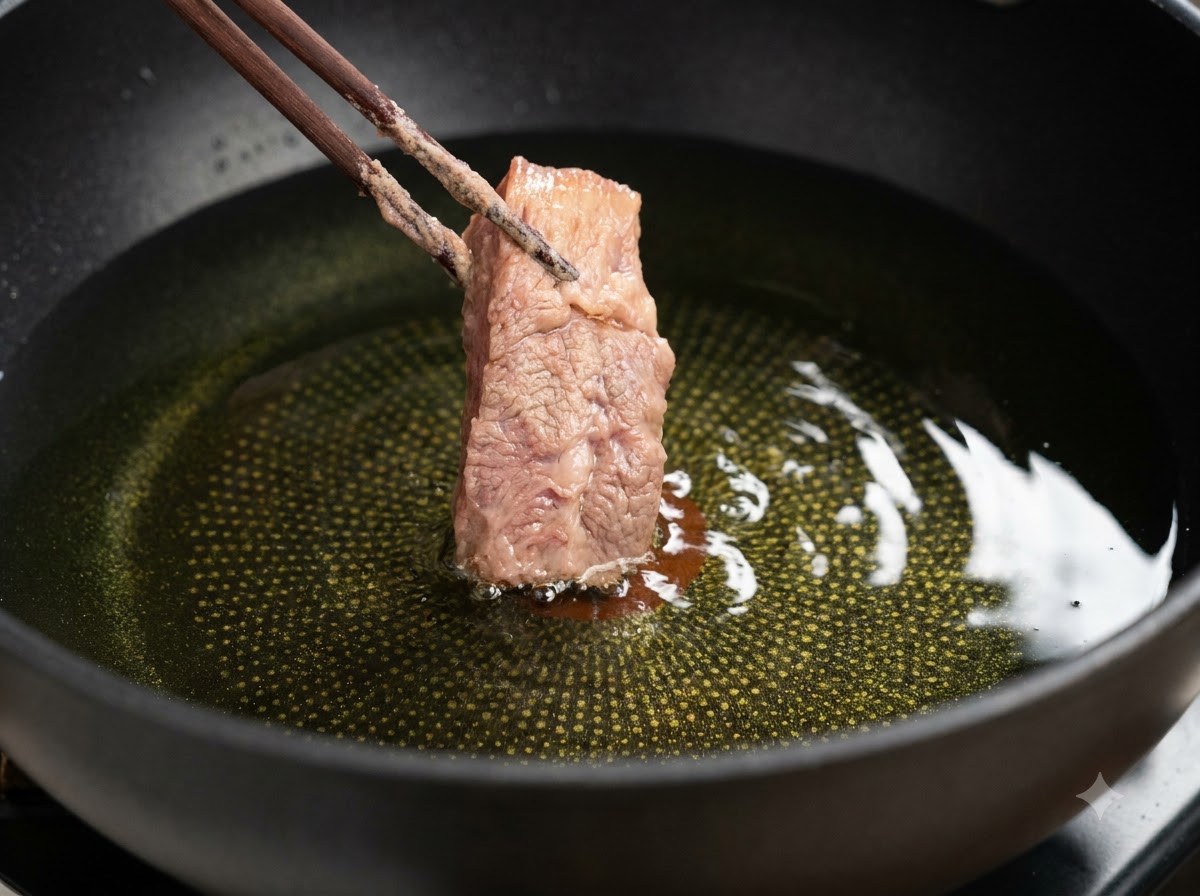 A piece of coated pork rib being lowered into hot oil with chopsticks.
