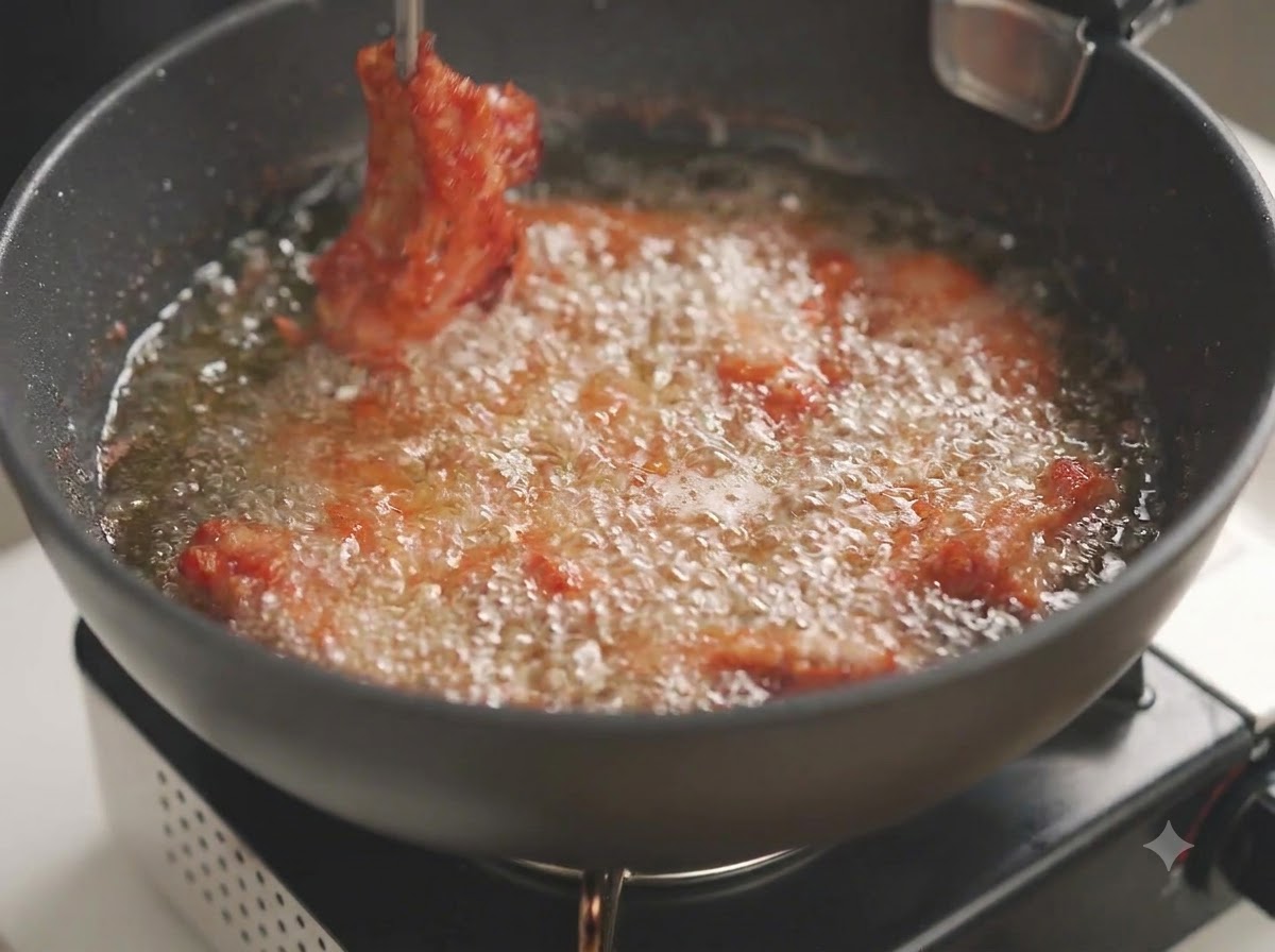Pork ribs deep-frying and bubbling in hot oil in a black frying pan.
