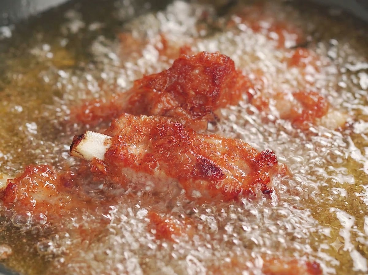 Crispy fried pork ribs being lifted out of hot oil in a pan.
