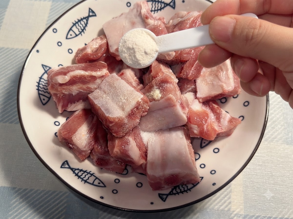 Pepper powder being evenly sprinkled onto the pork ribs with a small white spoon held by a hand.