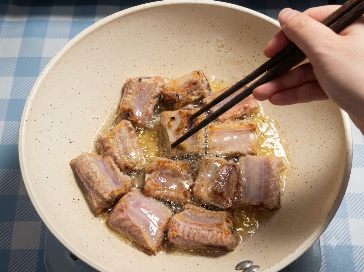 Multiple pork rib pieces frying in oil inside a pan, with a hand using chopsticks to adjust them.