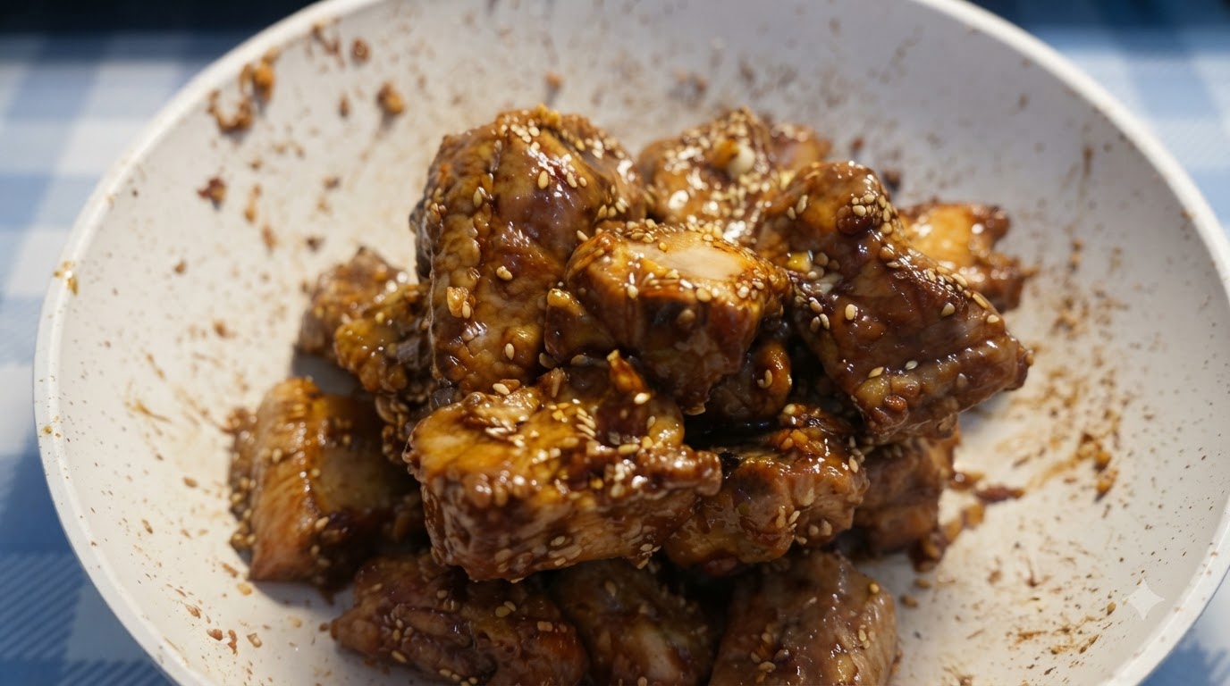A white pan filled with glazed garlic butter pork ribs garnished with toasted white sesame seeds