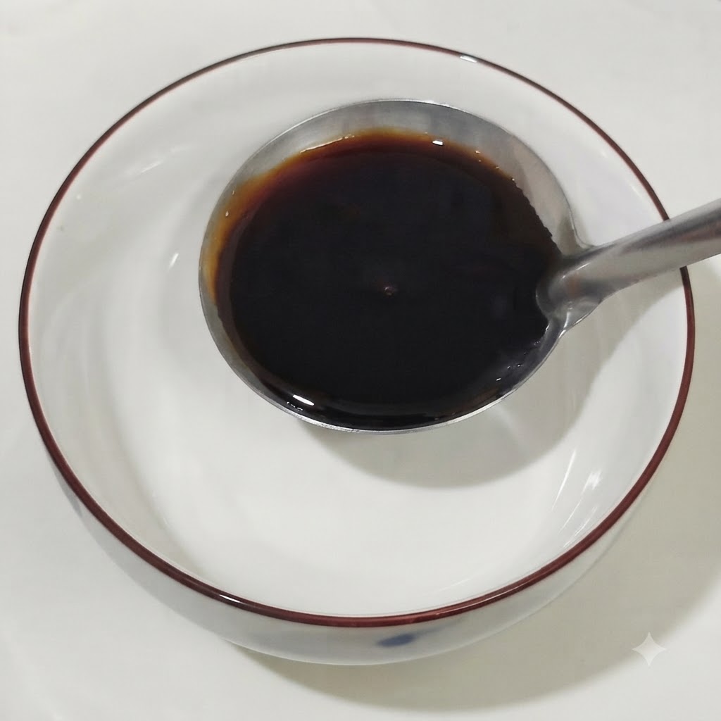 A bowl containing sauces being mixed with light soy sauce, oyster sauce, honey, cooking wine, dark soy sauce, and tomato ketchup using a spoon.