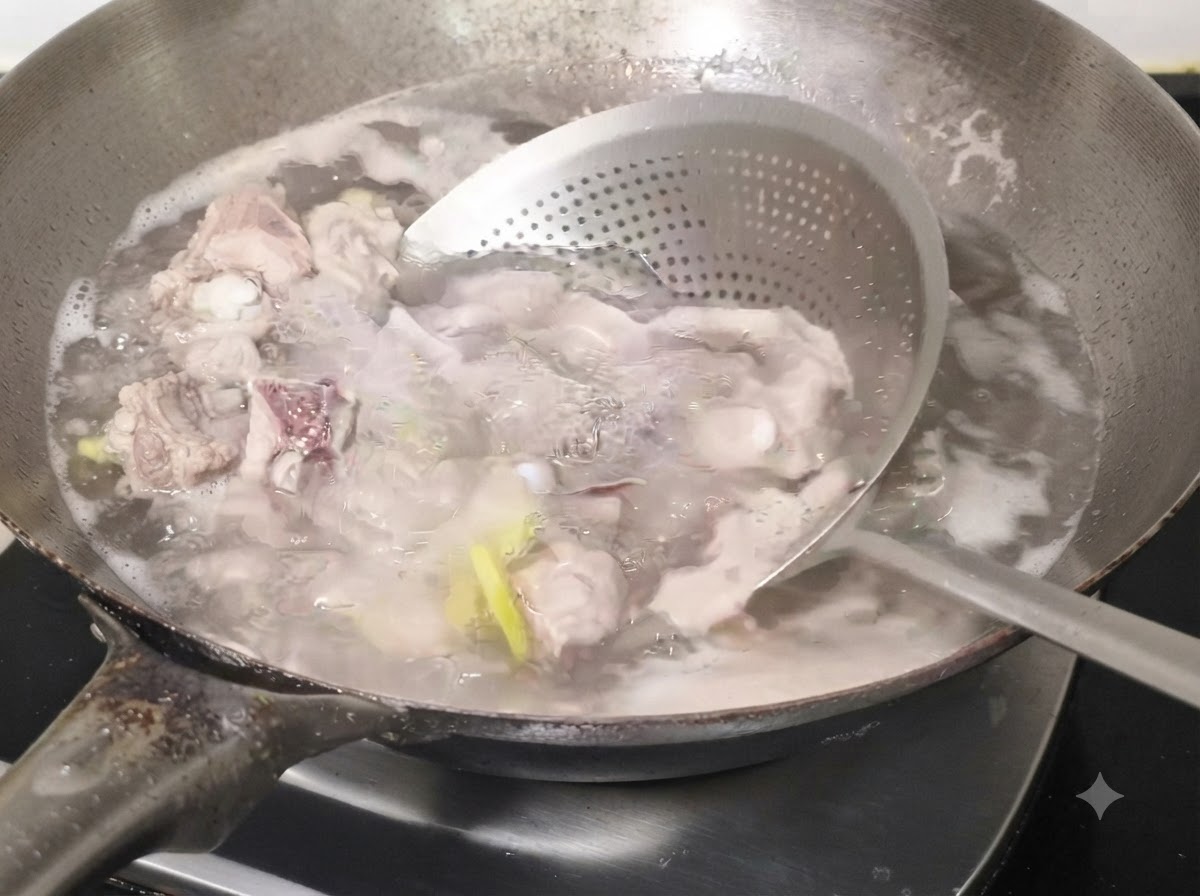 Blanched pork ribs being removed from boiling water with a strainer and rinsed.