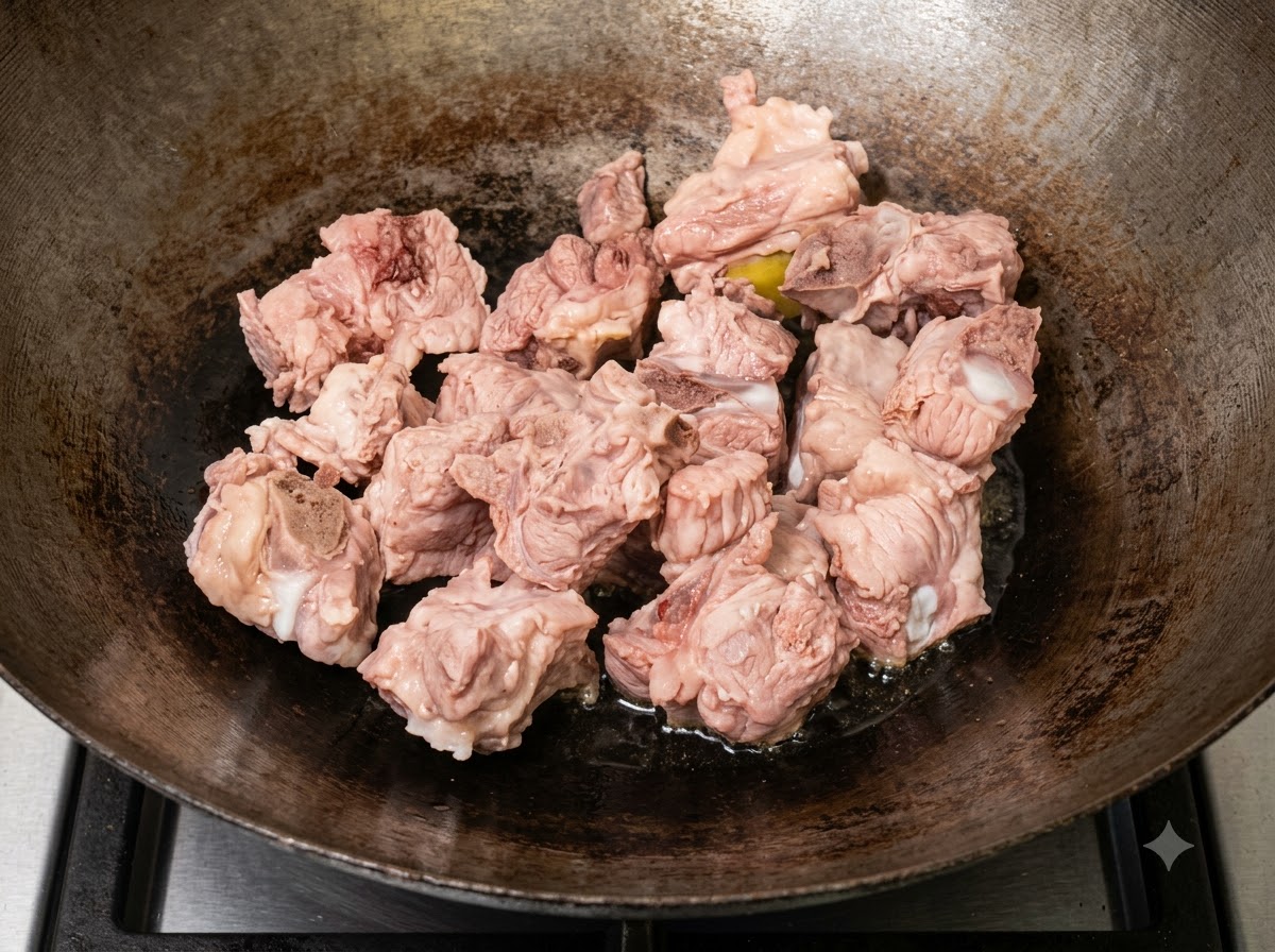 Pork ribs being pan-fried in hot oil inside a wok until surfaces turn golden brown.