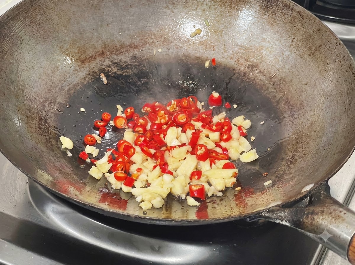 Chopped millet peppers and garlic stir-frying in the wok in residual base oil.