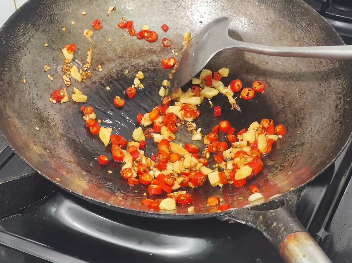 Prepared sauce mixture being poured into the wok with fried chili and garlic.
