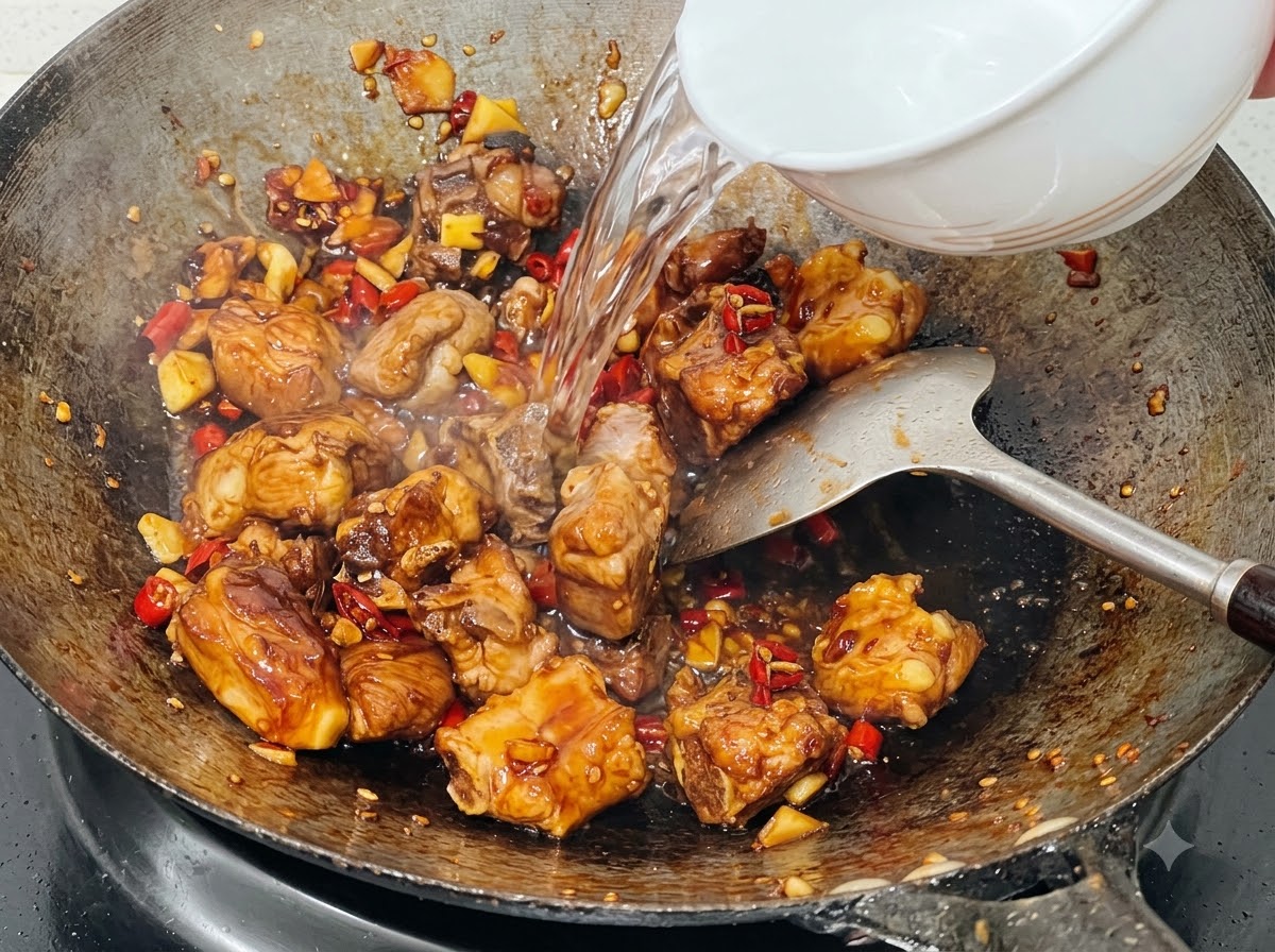 Clean water being poured from a white bowl into a wok filled with pork ribs, sauce, and peppers.