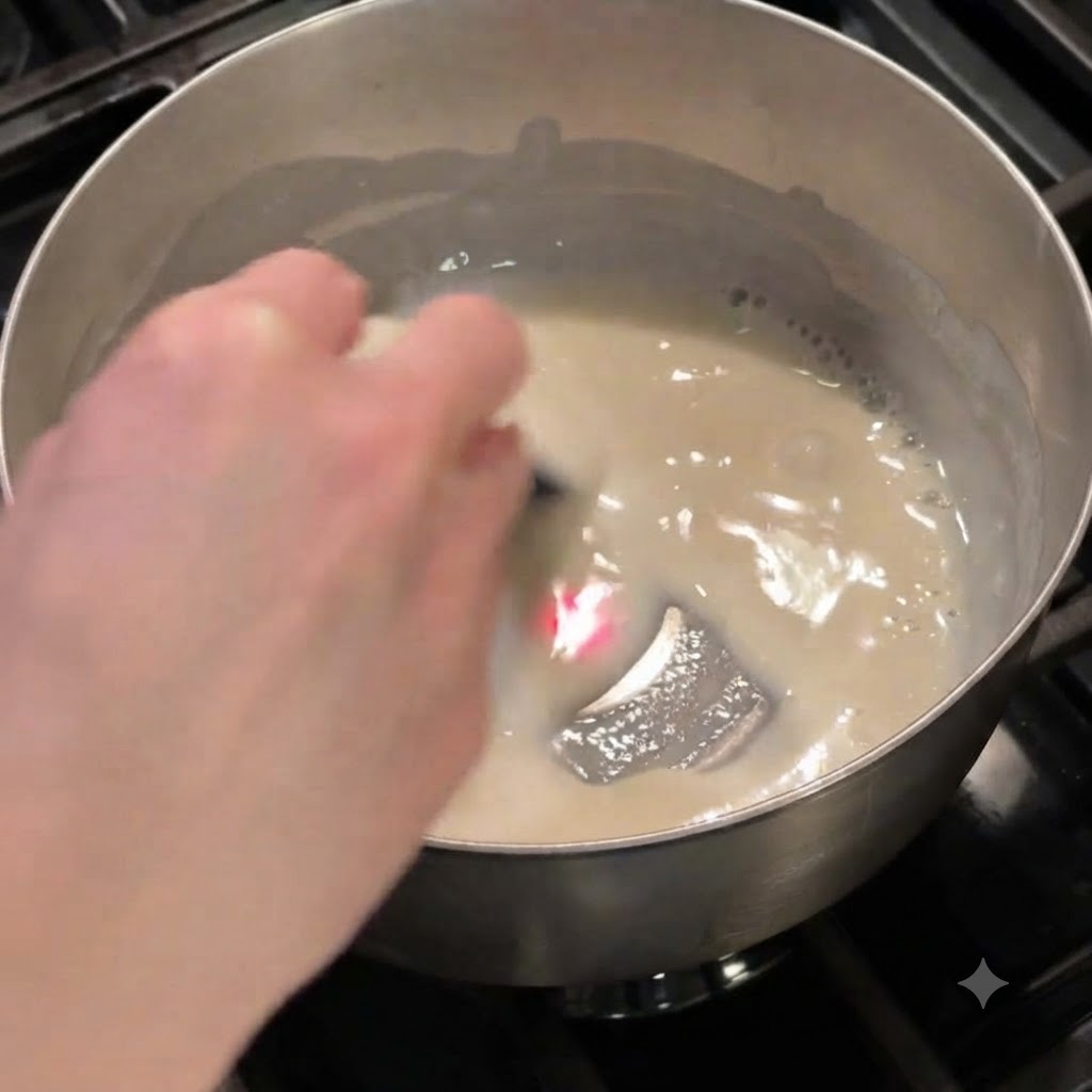 Tangzhong base being whisked in a saucepan on a burner until smooth and thick.