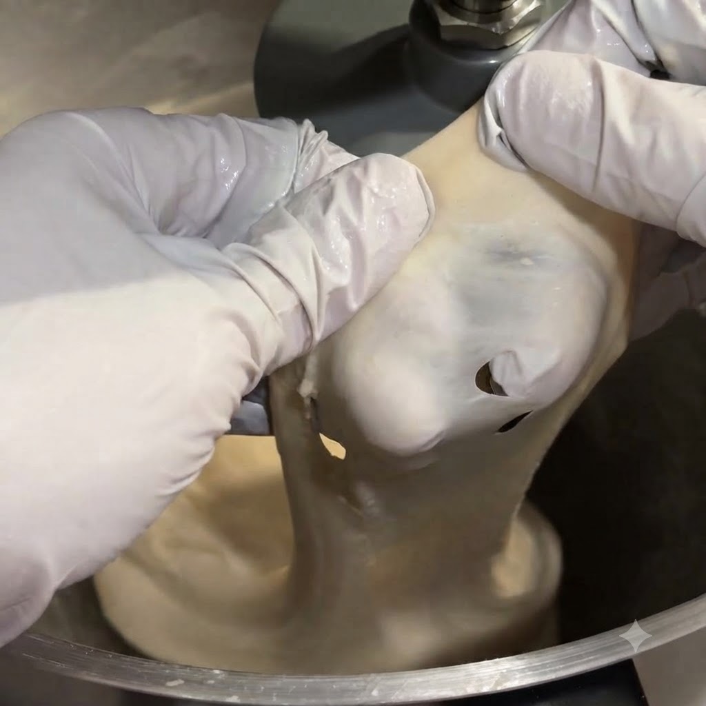 Hands wearing white gloves stretching a piece of smooth dough to demonstrate gluten elasticity.