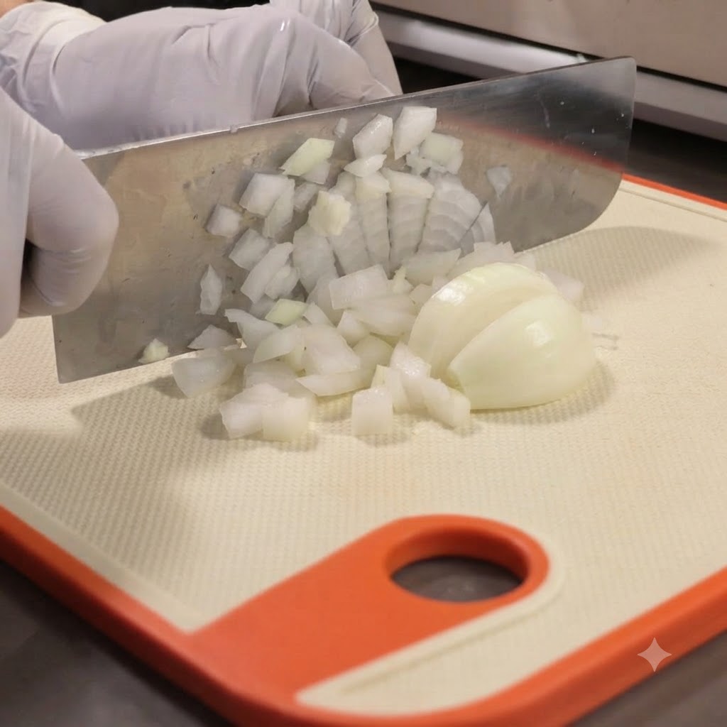 A kitchen knife slicing through an onion on a white and orange cutting board.