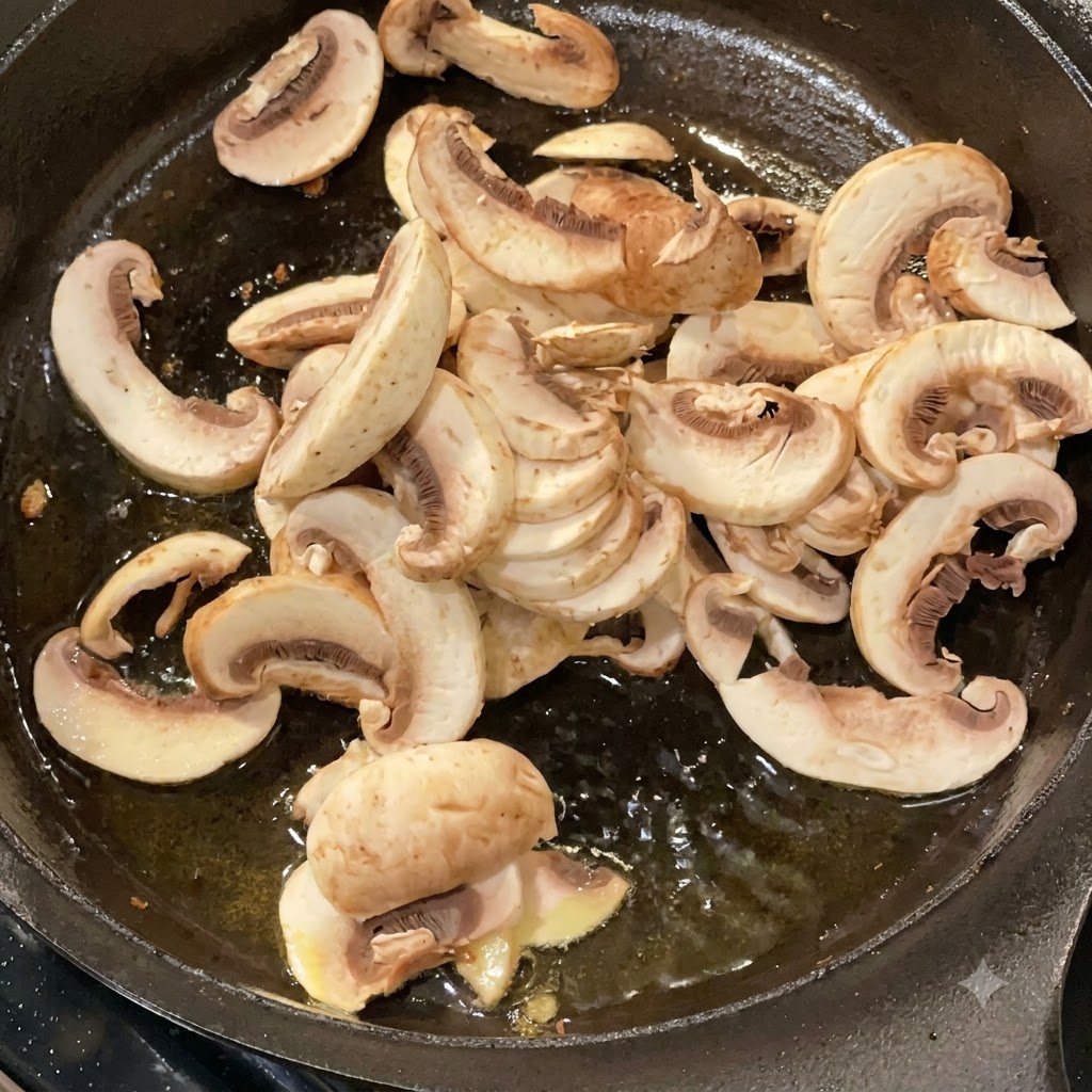 Fresh white mushroom slices sizzling and cooking in a dark cast-iron skillet with oil.
