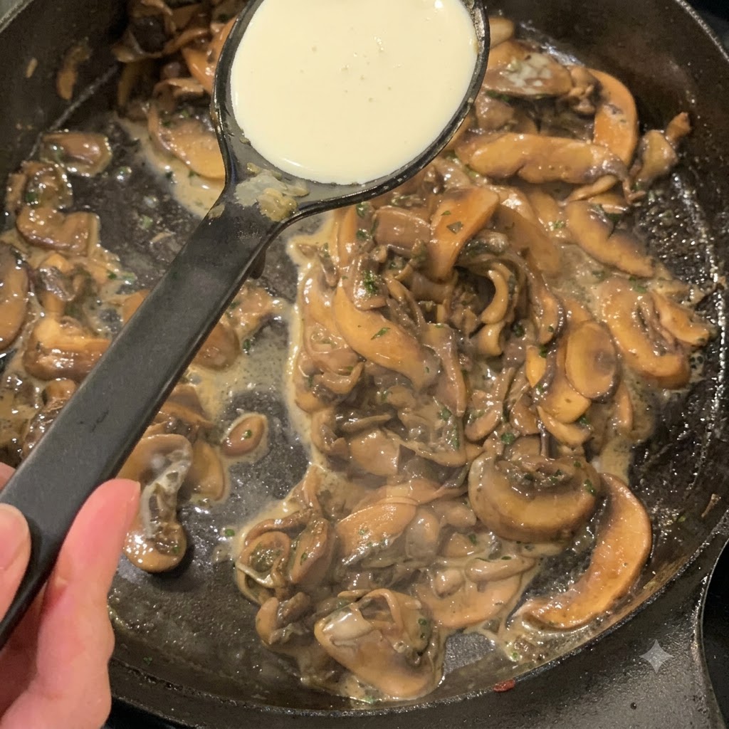 A ladle pouring heavy cream into a pan of sautéed mushrooms and seasonings.