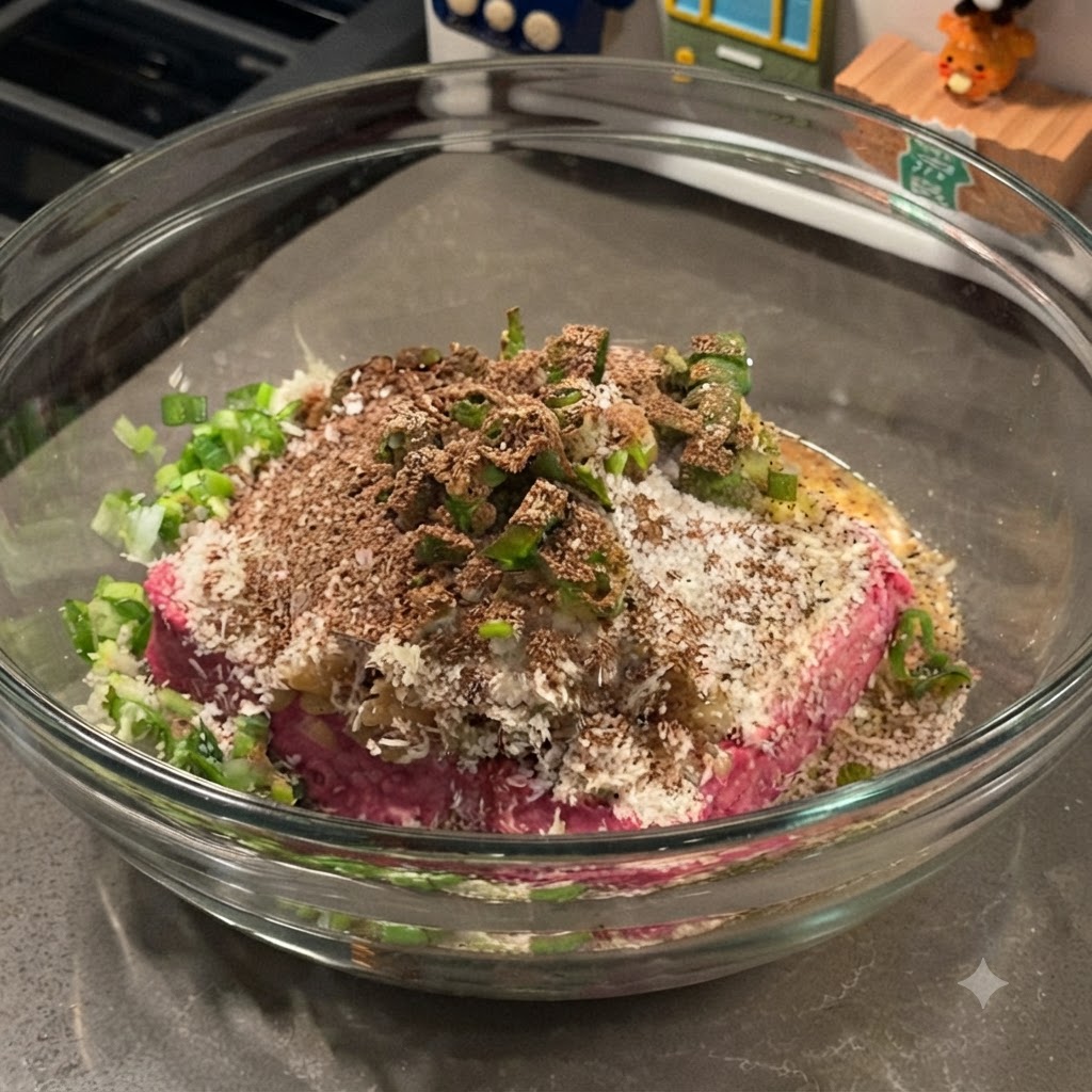 Ground beef and seasoning ingredients layered in a mixing bowl before being combined.