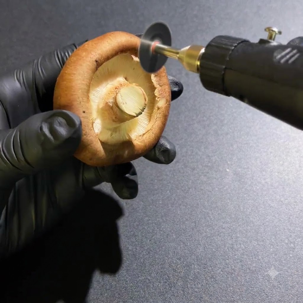 Gloved hands using a rotary tool to trim the bottom stem of a fresh mushroom.