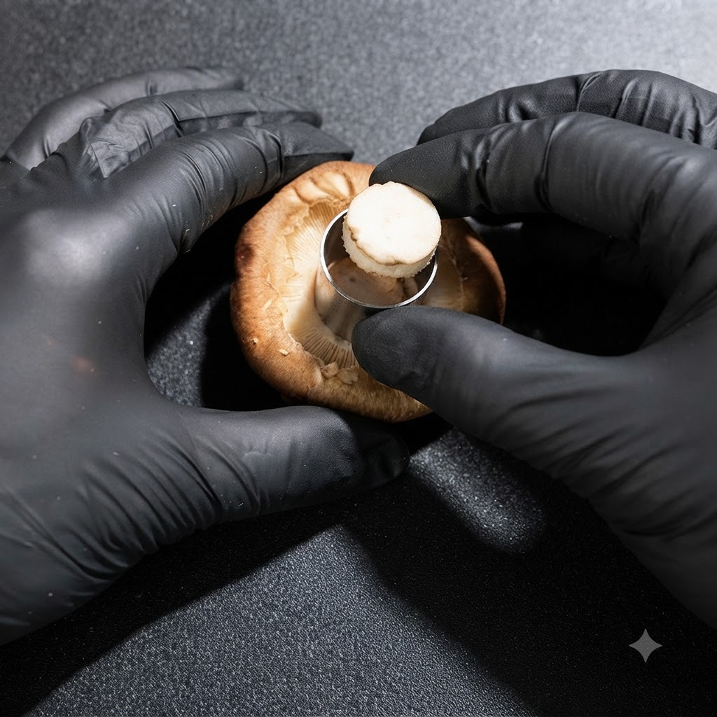 A metal circular mold being used to cut out the center of a mushroom cap.