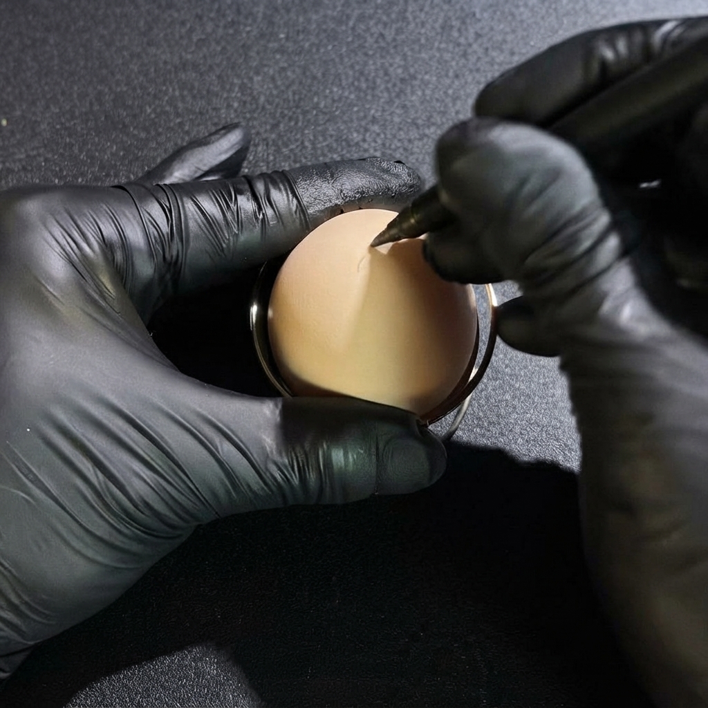 Gloved hands carefully piercing a small hole in the top of a raw egg using a pointed tool.