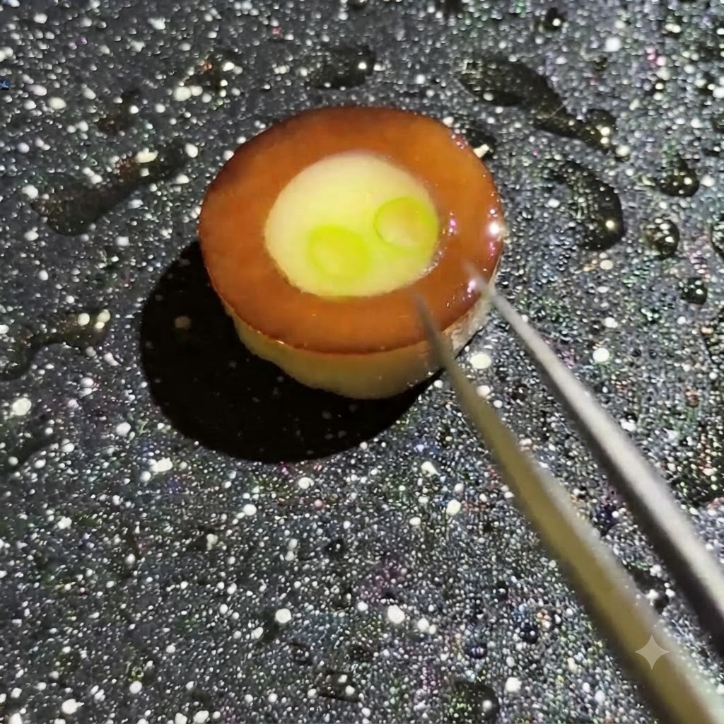 A close-up view of tweezers meticulously placing small green scallion slices onto the egg liquid filling inside the mushroom ring in a pan.