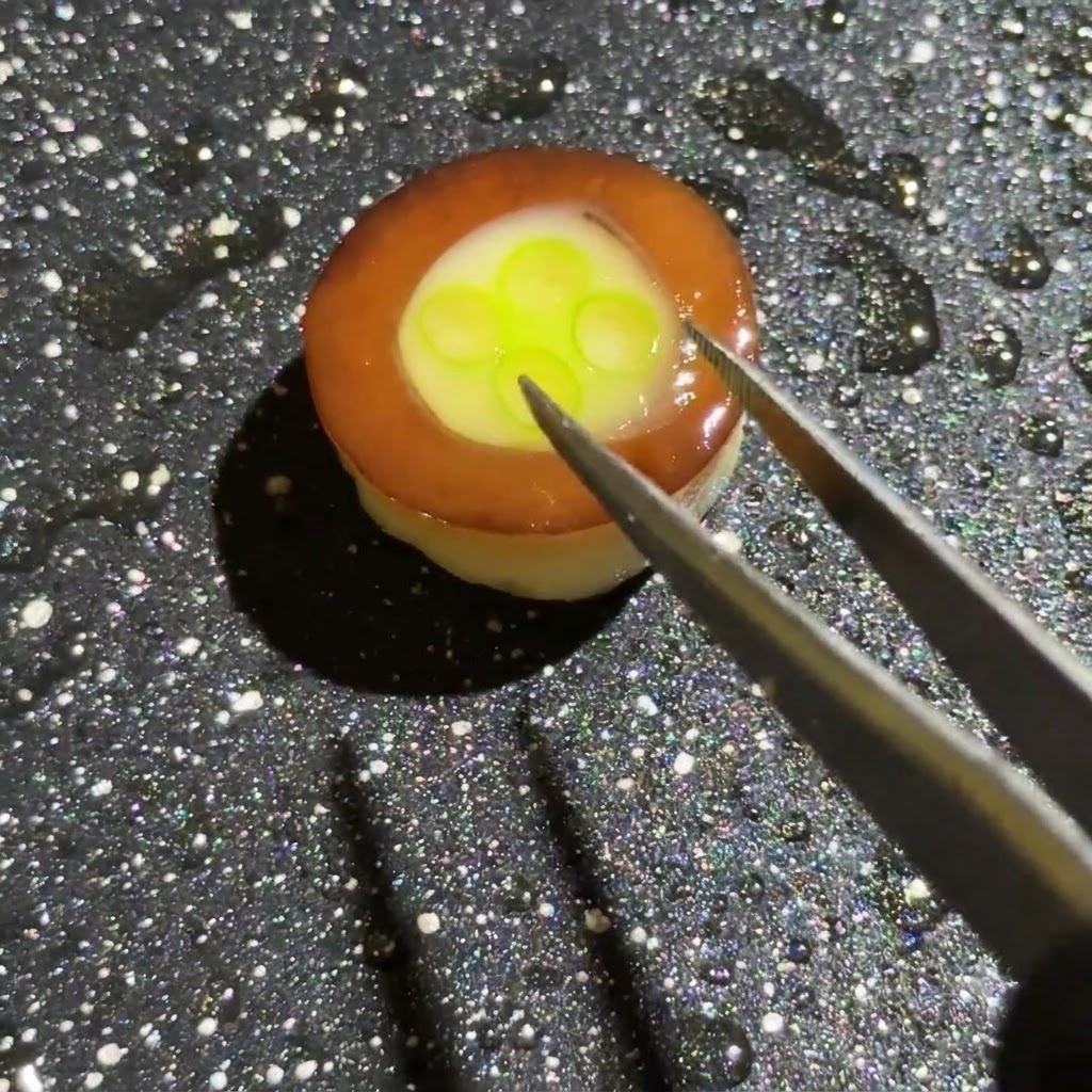 A pair of tweezers adding colorful diced ham, onions, and mushrooms onto the egg and scallion base within the mushroom ring.