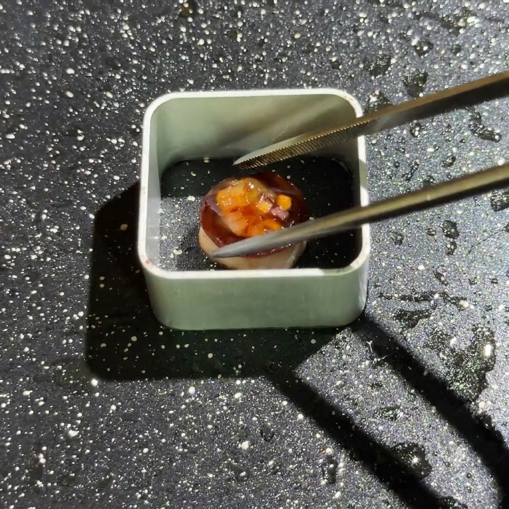 A square metal mold placed in an oiled pan with a small mushroom component being positioned inside using tweezers.