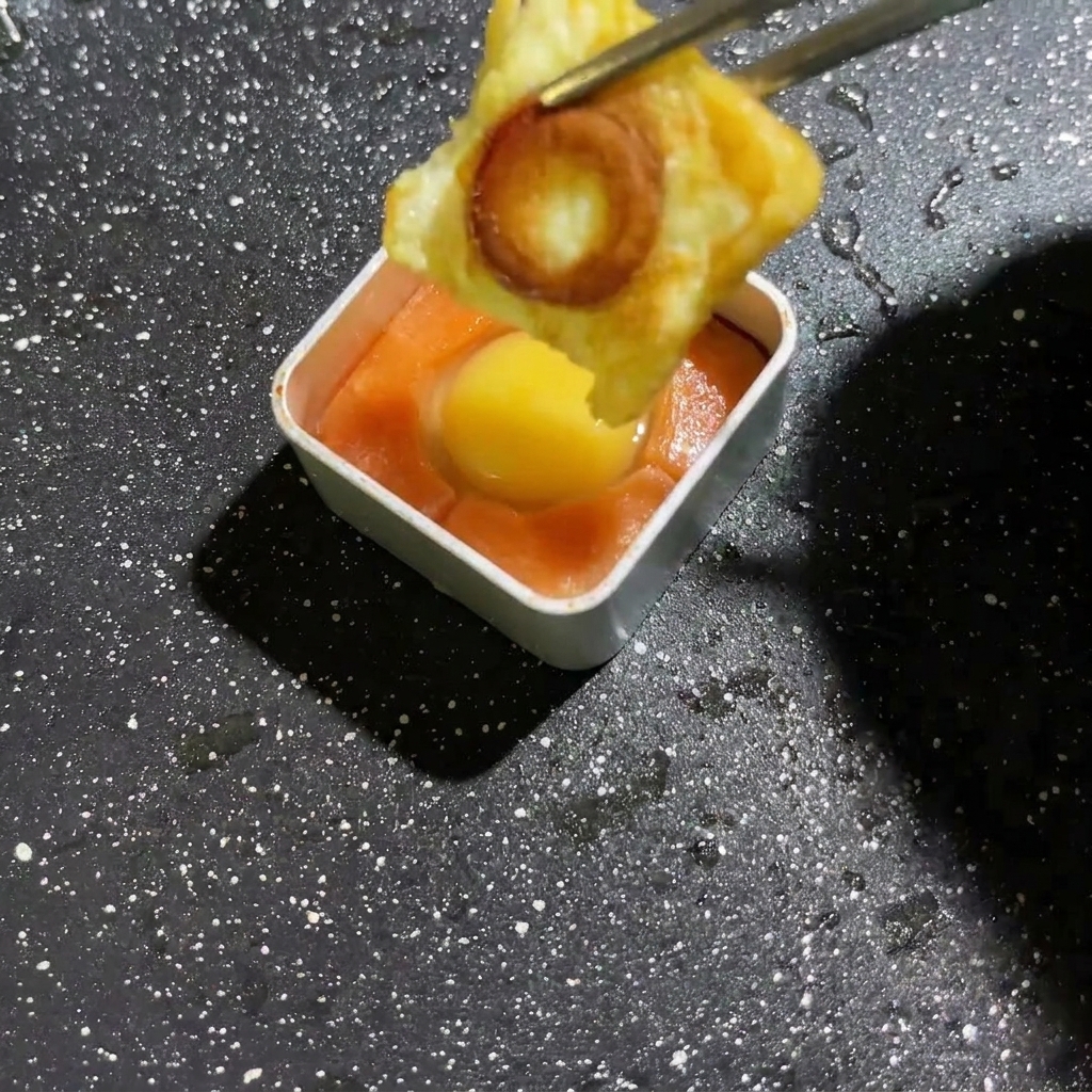 Egg liquid being squeezed into a mold containing a cooked mushroom piece.