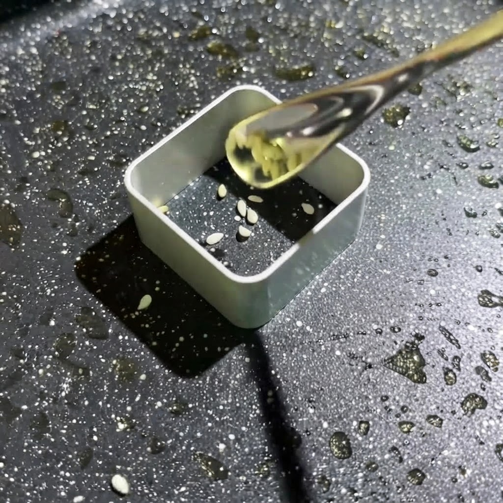 Batter with white sesame seeds being squeezed into a square mold.